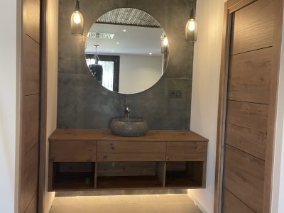 MUEBLE LAVABO MARRON CON ESPEJO REDONDO